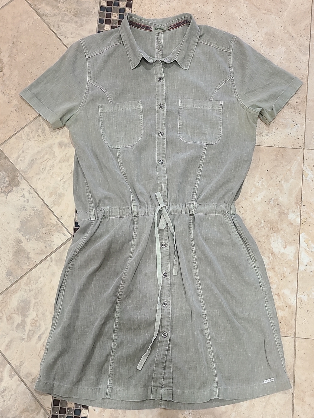 Gramicci Button-Front Drawstring Mini Dress in Sage Green